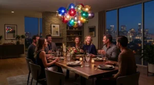 Colorful smart bulbs for living room installed in a modern WiFi enabled chandelier over a dining area.