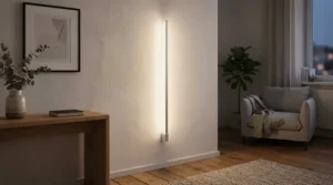 A smart dimmable torchiere floor lamp featured in a minimalist apartment studio.