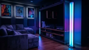 Smart modern torchiere floor lamp casting colorful ambient light in a modern den