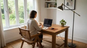 A tall dimmable torchiere floor lamp providing bright task lighting in a home office.