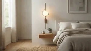 Tall modern torchiere floor lamp with frosted glass bowl shade brightening a high-ceilinged bedroom.