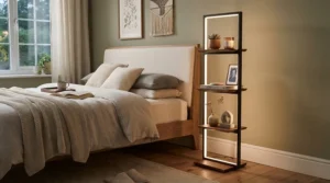 A stylish torchiere floor lamp with shelves holding small decor pieces in a modern bedroom.