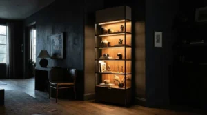 Tall torchiere floor lamp with built-in shelves lighting up a dark living room corner.