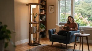 A modern torchiere floor lamp with shelves displaying books next to a cozy sofa in a living room.