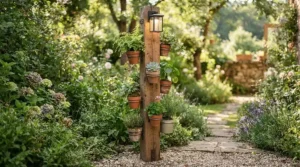 Wood-finish torchiere floor lamp with shelves showcasing potted plants in a bright room.