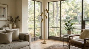 Contemporary torchiere lamp for corner staging in a mid-century modern family room.