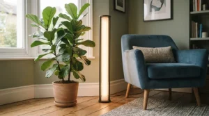 Slim torchiere lamp for corner optimization in a compact studio apartment layout.