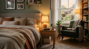 Bedroom nightstand setup visualizing warm white vs cool white lighting for relaxation.