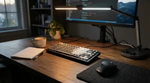 Home office desk setup illustrating warm white vs cool white lighting for productivity.