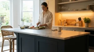 Kitchen counter task area highlighting warm white vs cool white lighting effects.