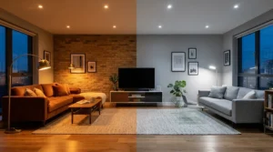 Illustration showing warm white vs cool white lighting in a cozy living room setup.