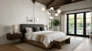 A sleek bedroom chandelier for high ceiling featuring an adjustable drop cable over a king-size bed.