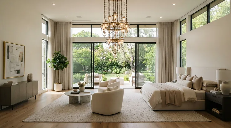 A stunning bedroom chandelier for high ceiling hanging in a spacious master bedroom with large windows.