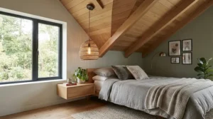 A sophisticated bedroom chandelier for high ceiling mounted securely with a sloped ceiling adapter.