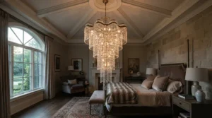 A sparkling bedroom chandelier for high ceiling with a multi-tiered crystal design casting warm light.