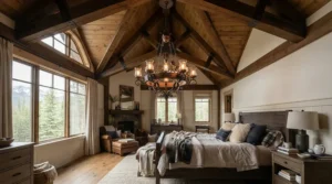 An elegant bedroom chandelier for high ceiling installed on a dramatic vaulted wooden beam roof.
