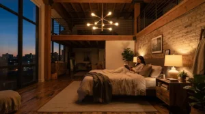 A cozy bedroom chandelier for high ceiling illuminating a tranquil upper-level bedroom at dusk.