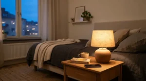 An affordable choice among bedside lamps under $50 for small bedrooms illuminating a cozy apartment sleeping space.