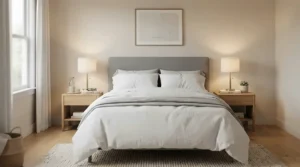 A cheap bedroom lamp set featuring matching bedside lamps under $50 for small bedrooms on twin nightstands.