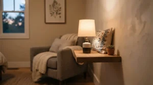 A space-saving design showcasing bedside lamps under $50 for small bedrooms on a tiny floating shelf.