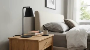 A sleek black metal fixture representing trendy bedside lamps under $50 for small bedrooms.