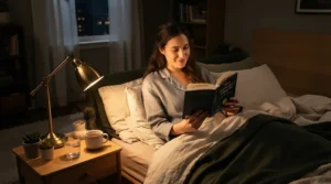 Someone reading a book under the warm glow of bedside lamps under $50 for small bedrooms.