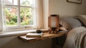A compact bedside table lamp for small nightstand showing its small base diameter fitting tightly in a corner.
