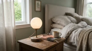 A delicate bedside table lamp for small nightstand featuring a mini glass globe on a narrow stand.