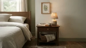 A low-profile bedside table lamp for small nightstand designed with a specific lamp height for low headboards.