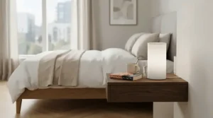 A minimalist bedside table lamp for small nightstand on a narrow nightstand in a modern urban apartment.