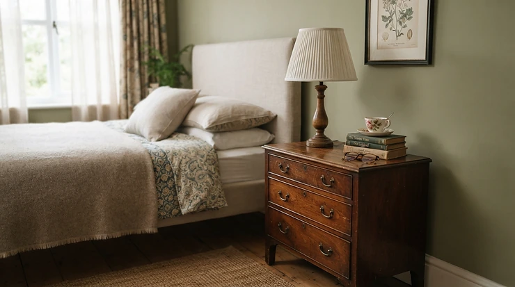A vintage-inspired bedside table lamp for small nightstand with a pleated shade on a miniature pedestal.