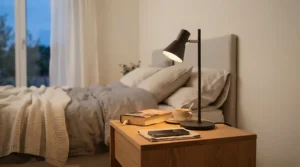 A sleek bedside table lamp for small nightstand featuring a slim metal base and warm glow in a cozy bedroom.