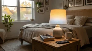 Switching color temperature on a dimmable bedside table lamp for reading in bed before sleeping.