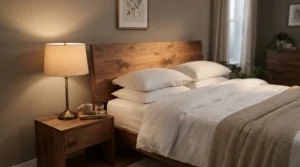 Glare reduction design on a dimmable bedside table lamp for reading in bed late at night.