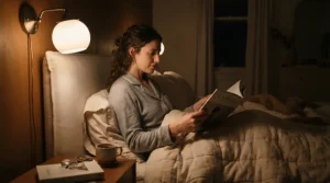 A low-glare reading lamp bedroom setup using a dimmable bedside table lamp for reading in bed comfortably.