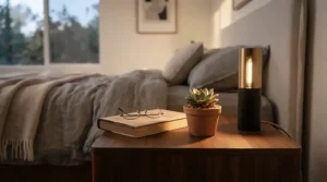 A stylish dimmable bedside table lamp for reading in bed placed in a contemporary minimalist apartment.