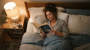 Enjoying a late-night novel under a dimmable bedside table lamp for reading in bed.