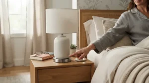 Person using a touch dimmer nightstand lamp serving as a dimmable bedside table lamp for reading in bed.