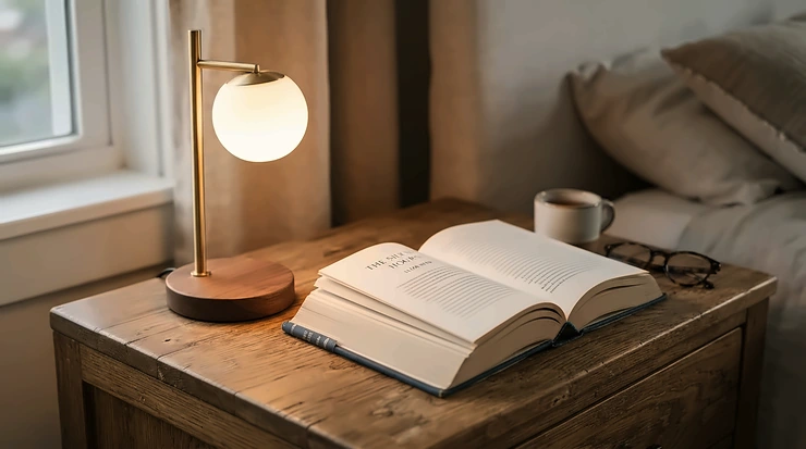 A warm dimmable bedside table lamp for reading in bed illuminating a cozy bedroom book nook.
