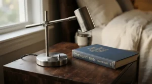 A modern bedside table lamp for master bedroom featuring a sleek brass finish on a dark wood nightstand.