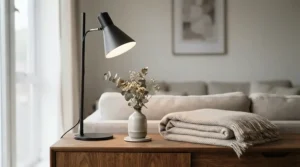 A contemporary modern bedside table lamp for master bedroom styled within a coordinated decor set.
