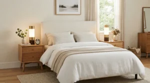 A matching pair of modern bedside table lamps for master bedroom illuminating a king-sized headboard setup.