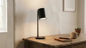 A stylish modern bedside table lamp for master bedroom in matte black sitting in a minimalist sleeping space.