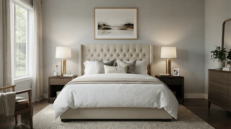 A modern bedside table lamp for master bedroom arranged to create symmetry in decor on twin nightstands.