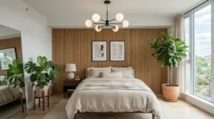 A contemporary modern flush mount ceiling light for apartment bedroom paired with stylish accent pillows and wall art.