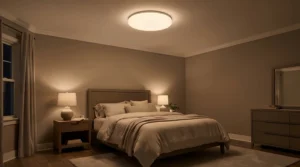 An energy-efficient LED panel modern flush mount ceiling light for apartment bedroom casting bright ambient illumination.