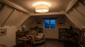 A low-profile modern flush mount ceiling light for apartment bedroom maximizing headroom in a downtown condo.