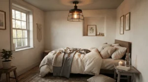 A modern flush mount ceiling light for apartment bedroom featuring a sleek matte black finish in a cozy urban studio.
