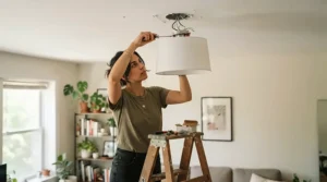 A renter-friendly modern flush mount ceiling light for apartment bedroom installed easily in a leased high-rise flat.