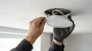A tool-free installation modern flush mount ceiling light for apartment bedroom being set up in a suburban loft.